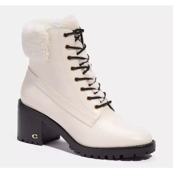 COACH Women’s White Leather Jill Booties Size 8 Block Heel Winter Ankle Boots - Picture 1 of 13